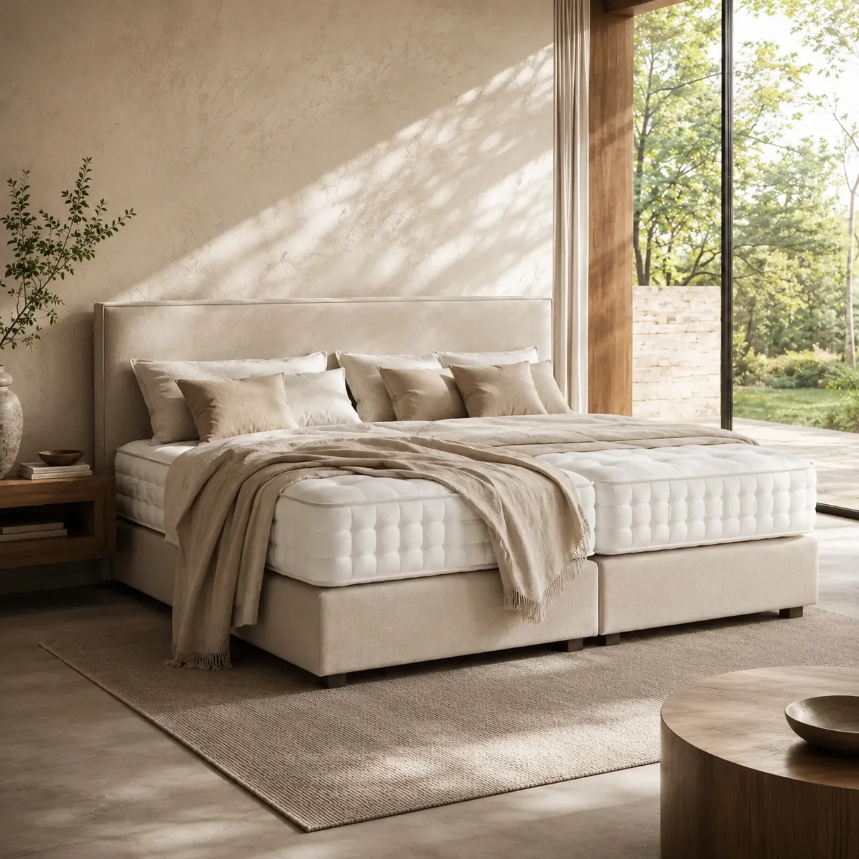 Handgefertigtes Boxspringliebe-Bett aus Naturmaterialien in einem hellen, ruhigen Schlafzimmer