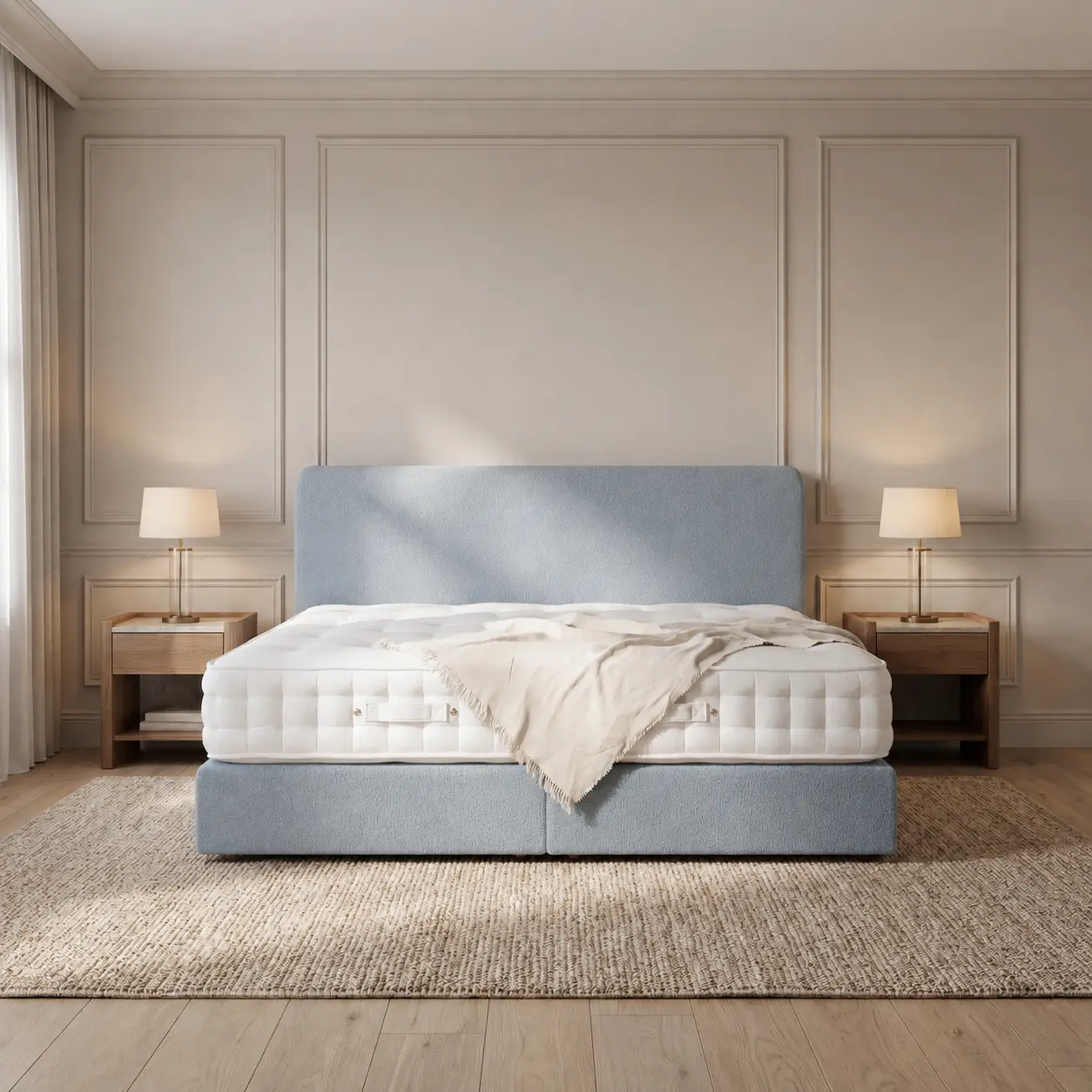 Boxspringbett Calm im hellen Schlafzimmer