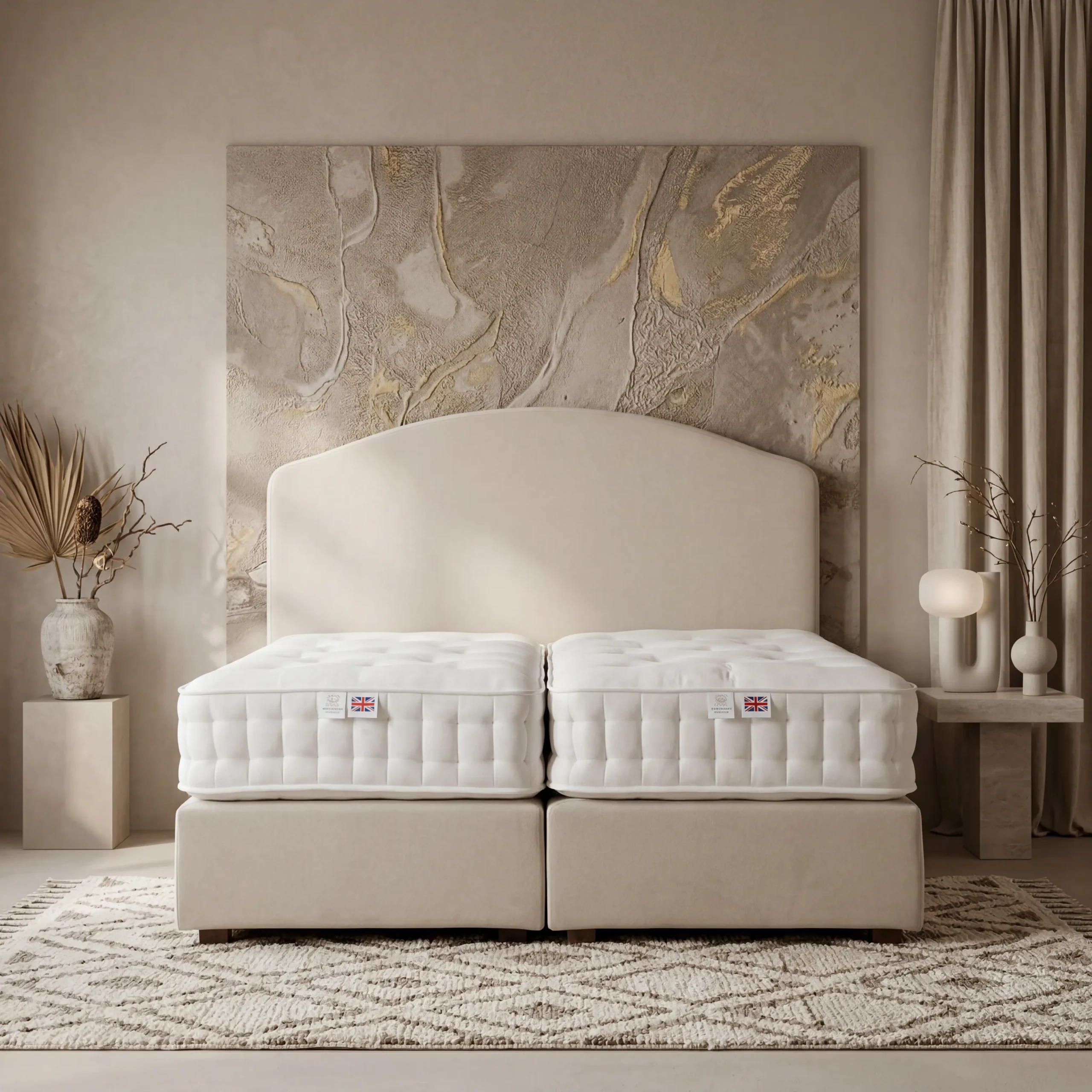 Boxspringbett Florence in hellem Naturton-Schlafzimmer bei Tageslicht