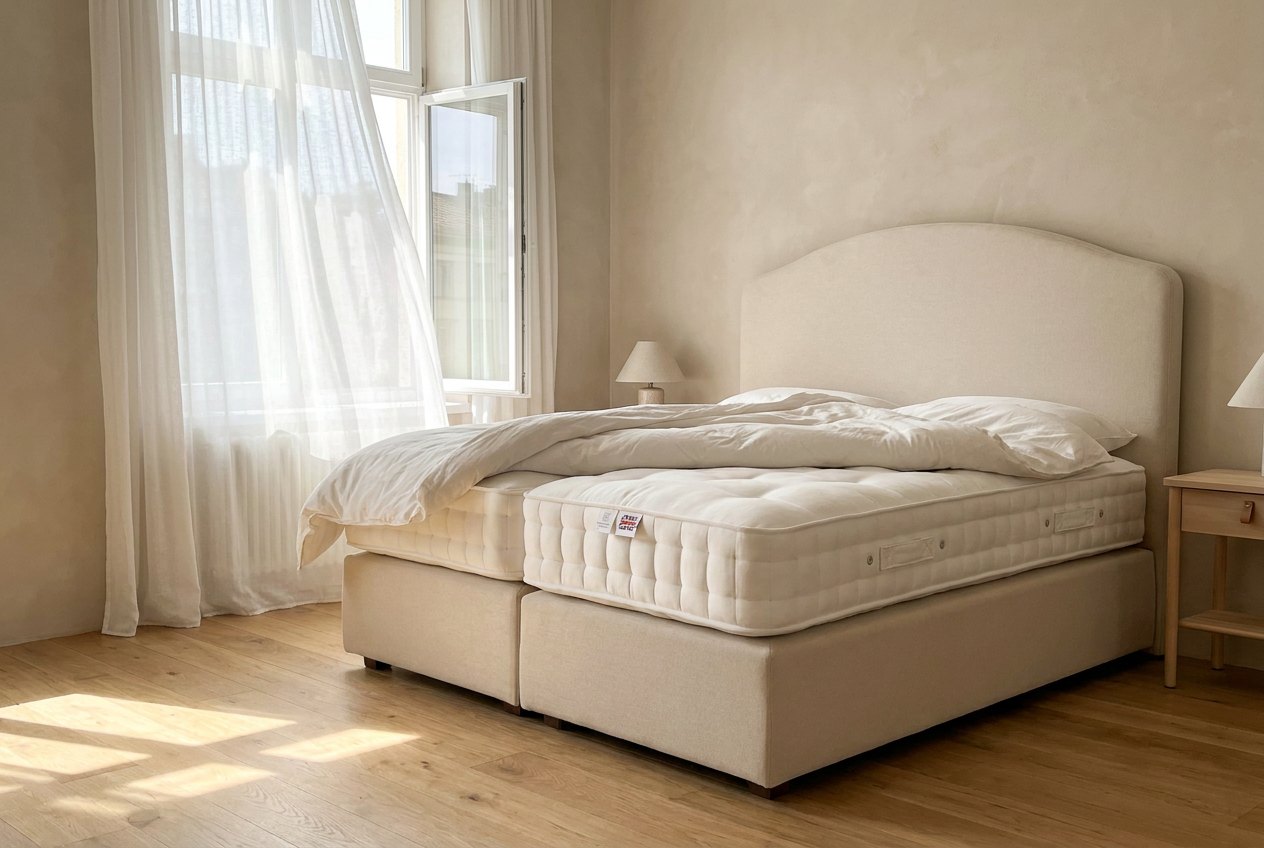 Boxspringbett bei geöffnetem Fenster lüften, Bettdecke zurückgeschlagen
