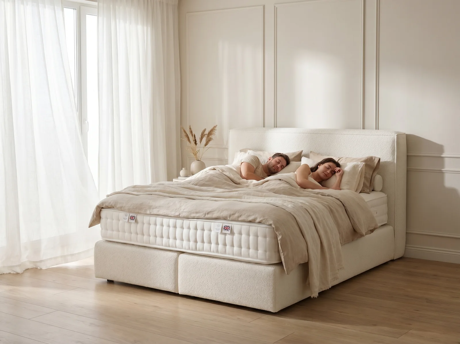 Paar schläft ruhig und erholt in einem Boxspringliebe-Naturbett, helles luftiges Schlafzimmer