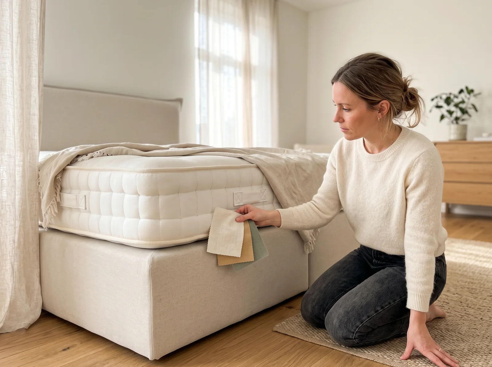 Frau vergleicht zu Hause Naturstoff-Muster direkt am Stoff ihres Boxspringliebe-Betts